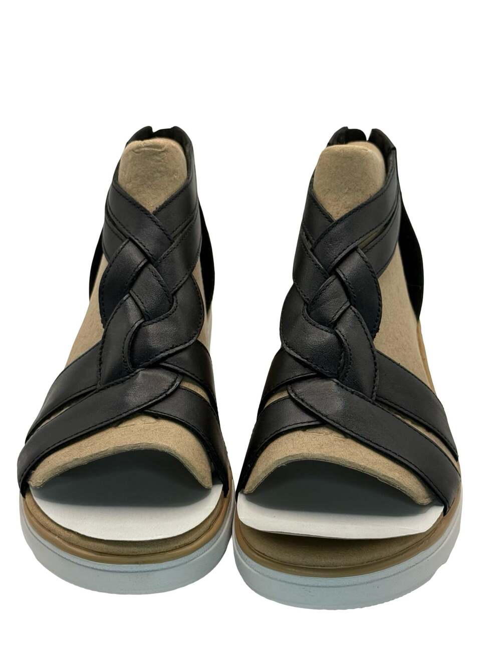 Clarks Jillian Bright Black Leather Braided Platform Sandals